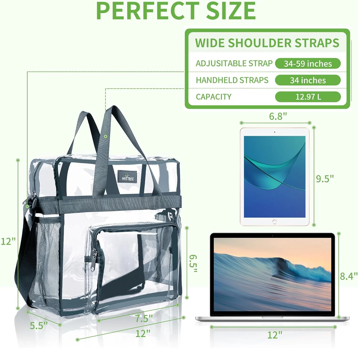 MAY TREE Clear Bag for Stadium Events 12×6×12 Clear Tote Lunch Bag with Reinforced Straps for Work and Sporting Events, Grey