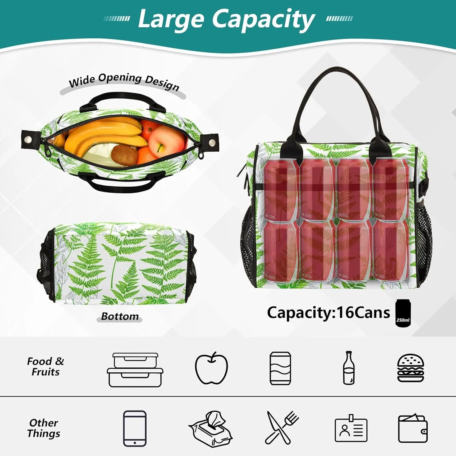 MCHIVER Fern Foliage White Insulated Lunch Bag for Women Men Reusable Lunch Box Cooler Bag Cooling Bags for Office Work School 11.4 * 6.2 * 11.8 In
