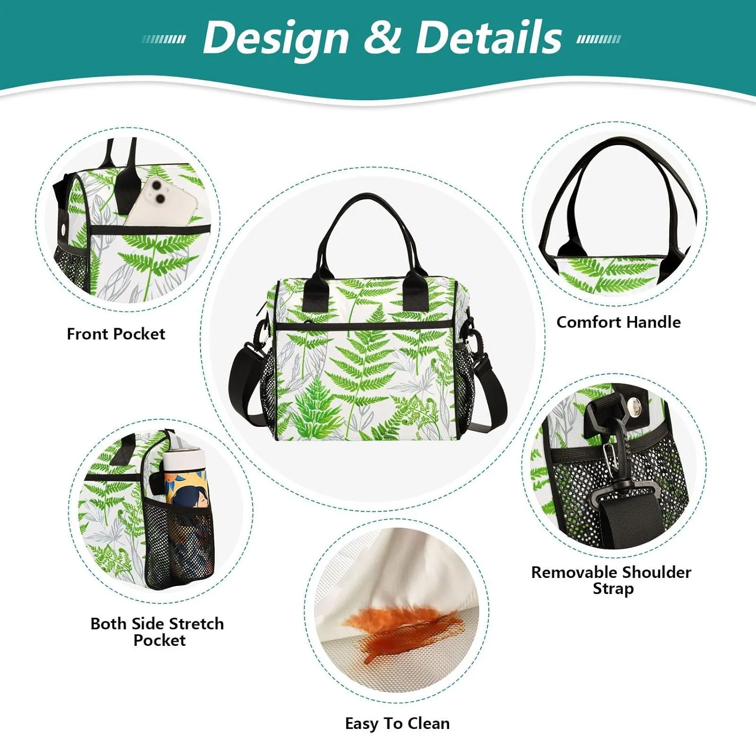 MCHIVER Fern Foliage White Insulated Lunch Bag for Women Men Reusable Lunch Box Cooler Bag Cooling Bags for Office Work School 11.4 * 6.2 * 11.8 In