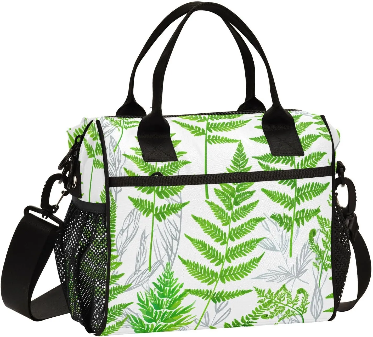 MCHIVER Fern Foliage White Insulated Lunch Bag for Women Men Reusable Lunch Box Cooler Bag Cooling Bags for Office Work School 11.4 * 6.2 * 11.8 In