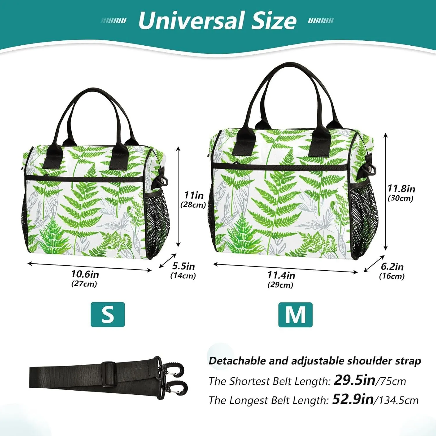 MCHIVER Fern Foliage White Insulated Lunch Bag for Women Men Reusable Lunch Box Cooler Bag Cooling Bags for Office Work School 11.4 * 6.2 * 11.8 In