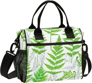 MCHIVER Fern Foliage White Insulated Lunch Bag for Women Men Reusable Lunch Box Cooler Bag Cooling Bags for Office Work School 11.4 * 6.2 * 11.8 In