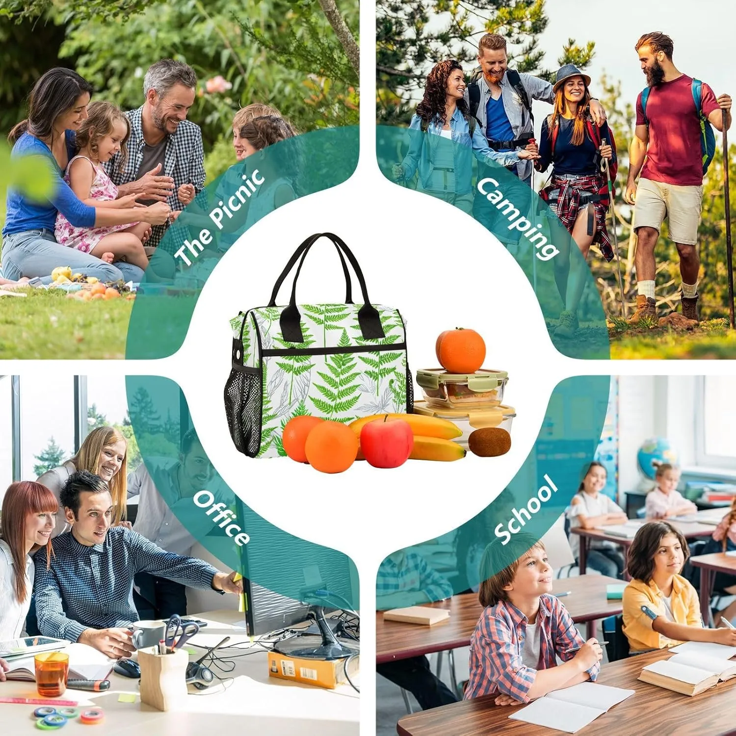 MCHIVER Fern Foliage White Insulated Lunch Bag for Women Men Reusable Lunch Box Cooler Bag Cooling Bags for Office Work School 11.4 * 6.2 * 11.8 In