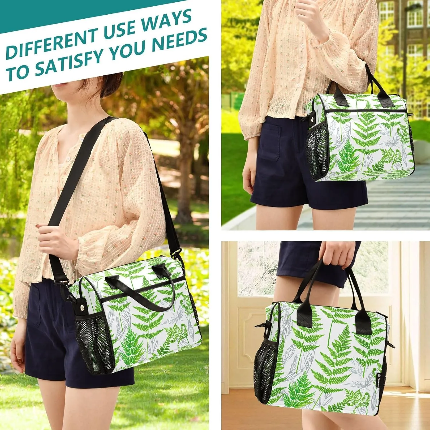 MCHIVER Fern Foliage White Insulated Lunch Bag for Women Men Reusable Lunch Box Cooler Bag Cooling Bags for Office Work School 11.4 * 6.2 * 11.8 In
