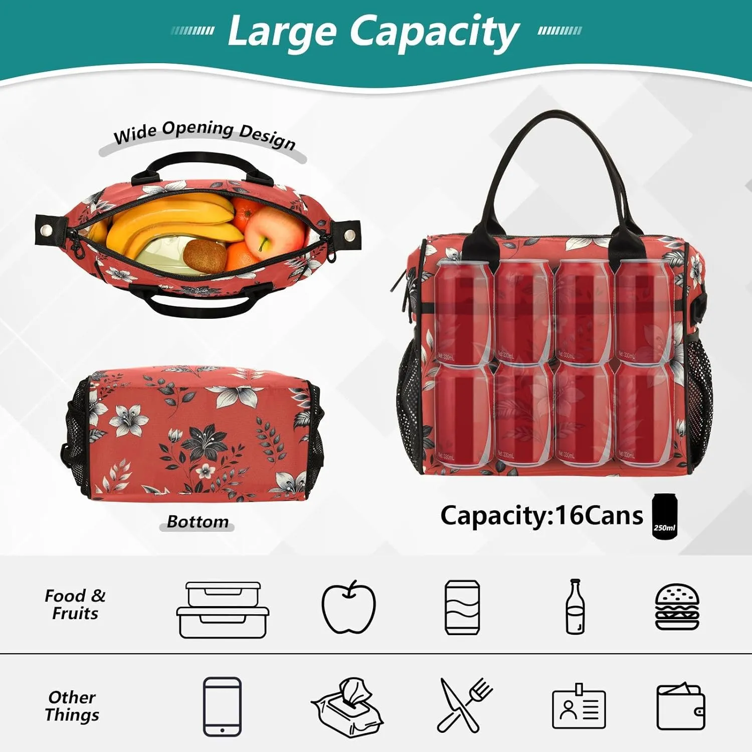 MCHIVER Floral Carol Red Insulated Lunch Bag for Women Men Reusable Lunch Box Cooler Bag Cooling Bags for Work School Office 10.6 * 5.5 * 11 In