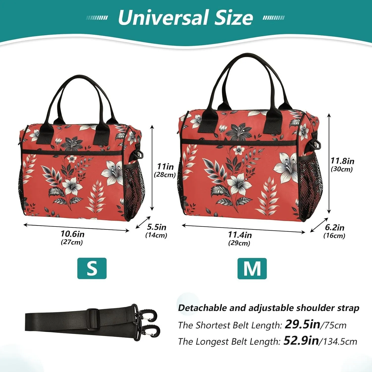 MCHIVER Floral Carol Red Insulated Lunch Bag for Women Men Reusable Lunch Box Cooler Bag Cooling Bags for Work School Office 10.6 * 5.5 * 11 In