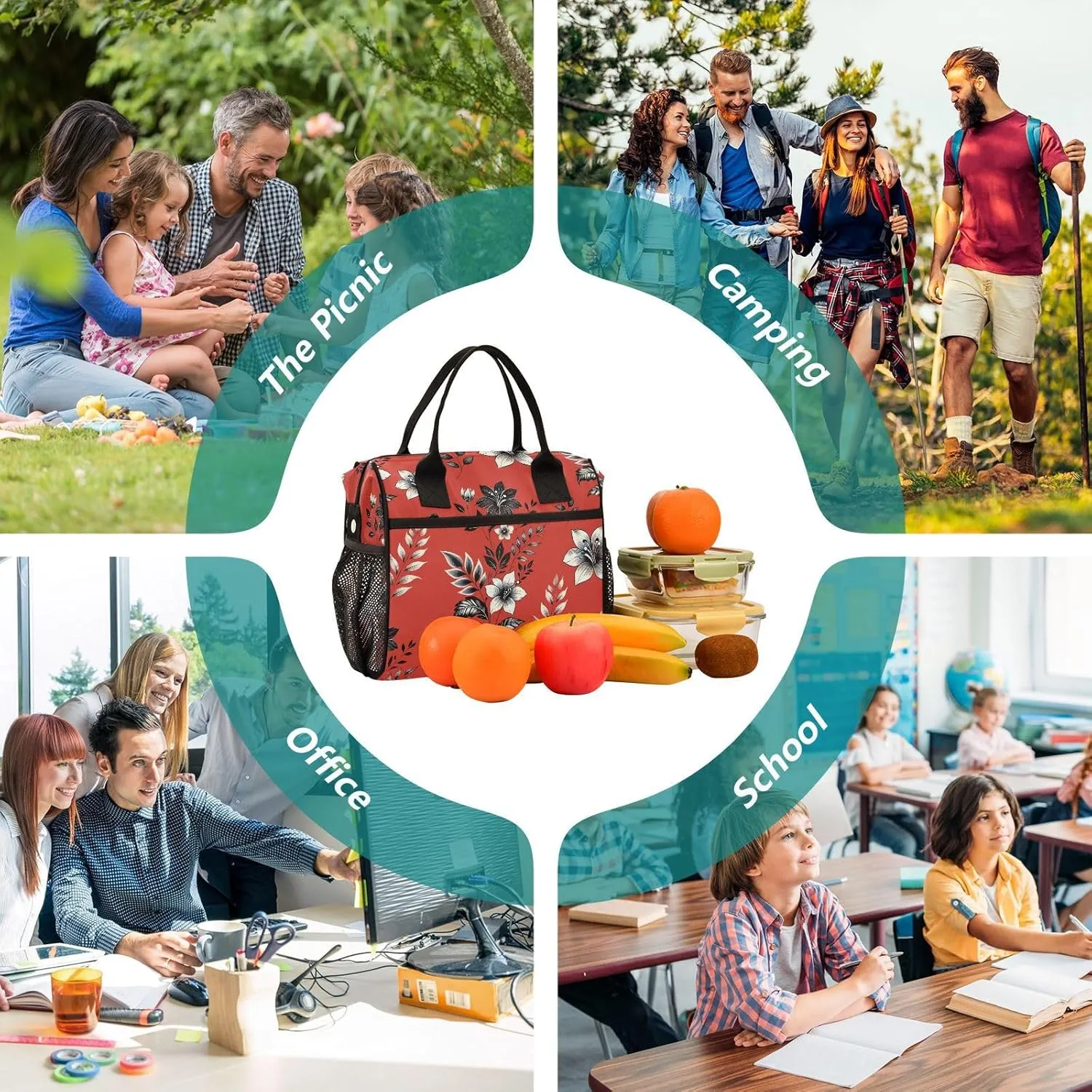MCHIVER Floral Carol Red Insulated Lunch Bag for Women Men Reusable Lunch Box Cooler Bag Cooling Bags for Work School Office 10.6 * 5.5 * 11 In