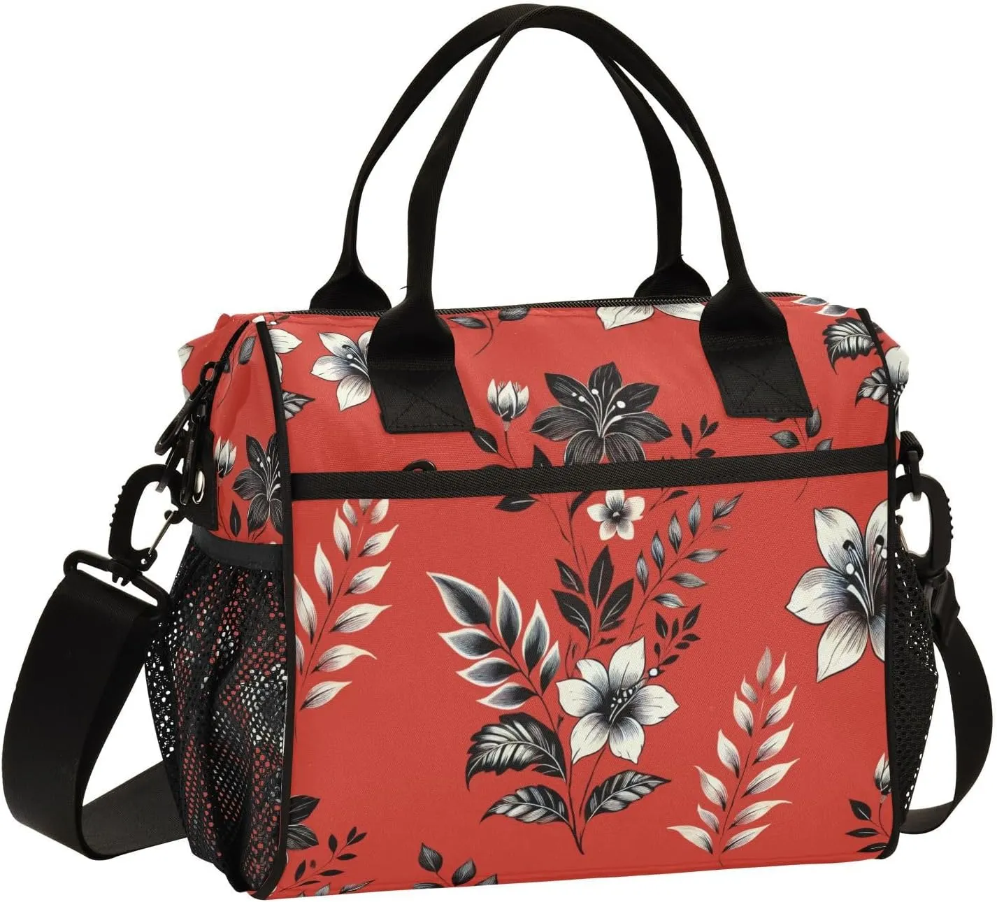 MCHIVER Floral Carol Red Insulated Lunch Bag for Women Men Reusable Lunch Box Cooler Bag Cooling Bags for Work School Office 10.6 * 5.5 * 11 In