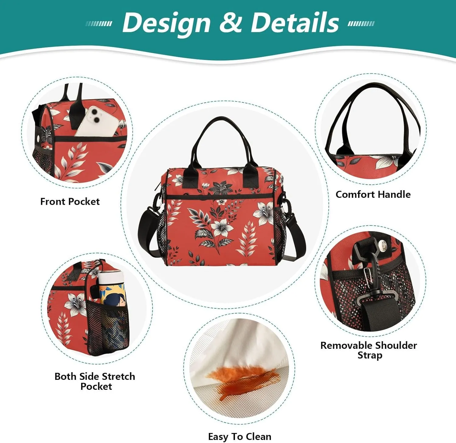 MCHIVER Floral Carol Red Insulated Lunch Bag for Women Men Reusable Lunch Box Cooler Bag Cooling Bags for Work School Office 10.6 * 5.5 * 11 In