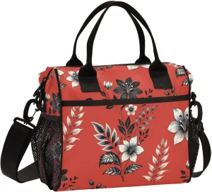 MCHIVER Floral Carol Red Insulated Lunch Bag for Women Men Reusable Lunch Box Cooler Bag Cooling Bags for Work School Office 10.6 * 5.5 * 11 In