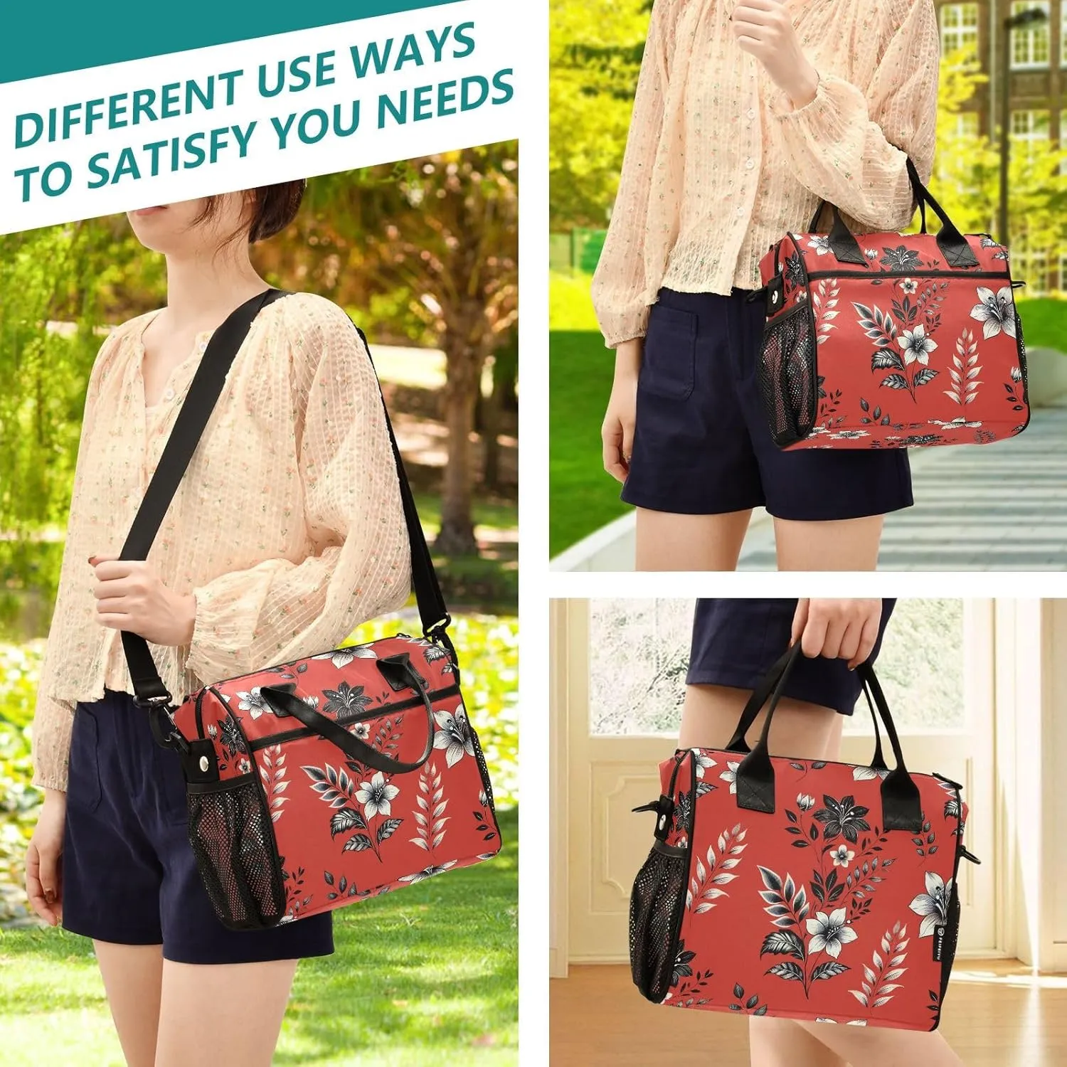 MCHIVER Floral Carol Red Insulated Lunch Bag for Women Men Reusable Lunch Box Cooler Bag Cooling Bags for Work School Office 10.6 * 5.5 * 11 In