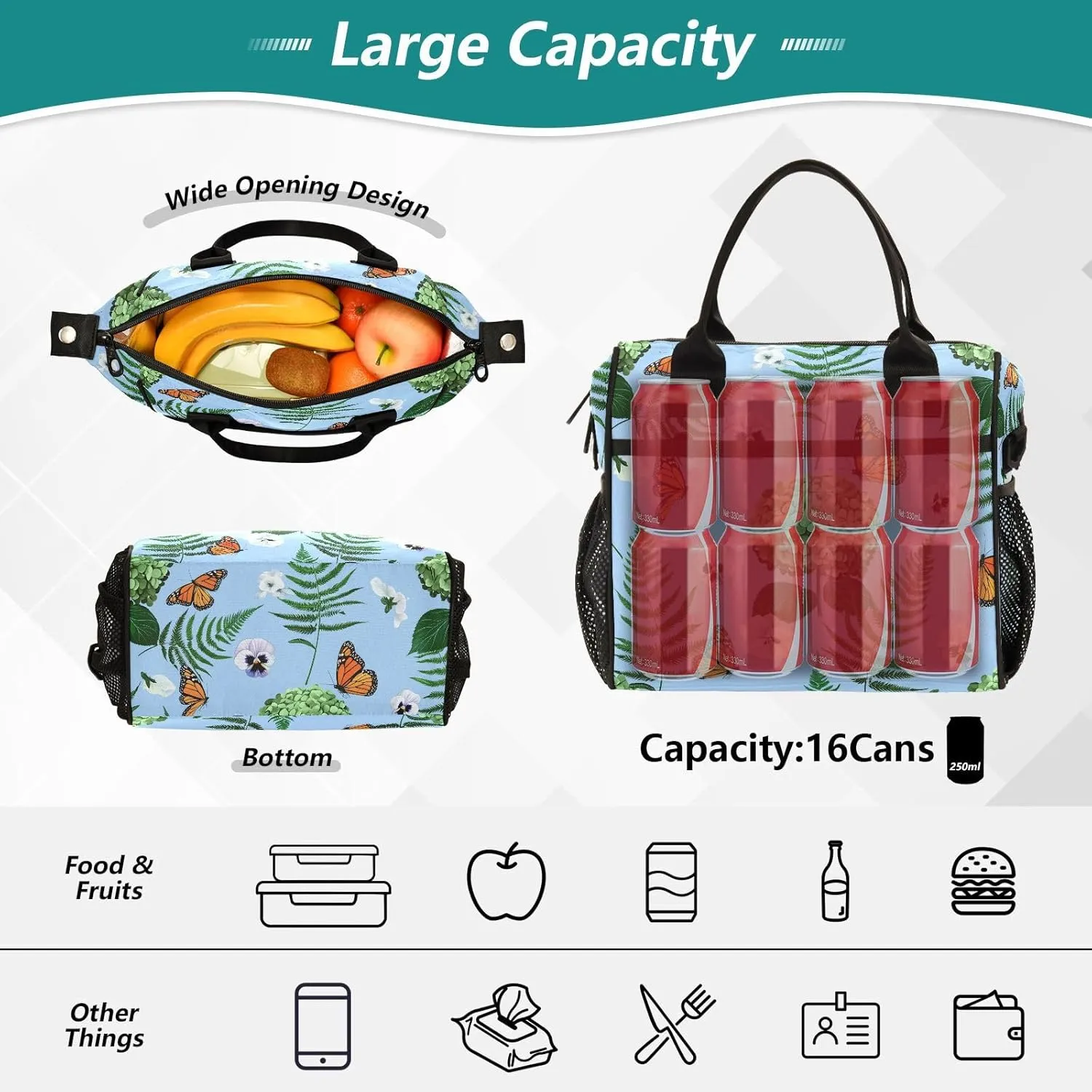 MCHIVER Monarch Butterfly Ferns Floral Insulated Lunch Bag for Women Men Reusable Lunch Box Cooler Bag Cooling Bags for Office Work School 10.6 * 5.5 * 11 In