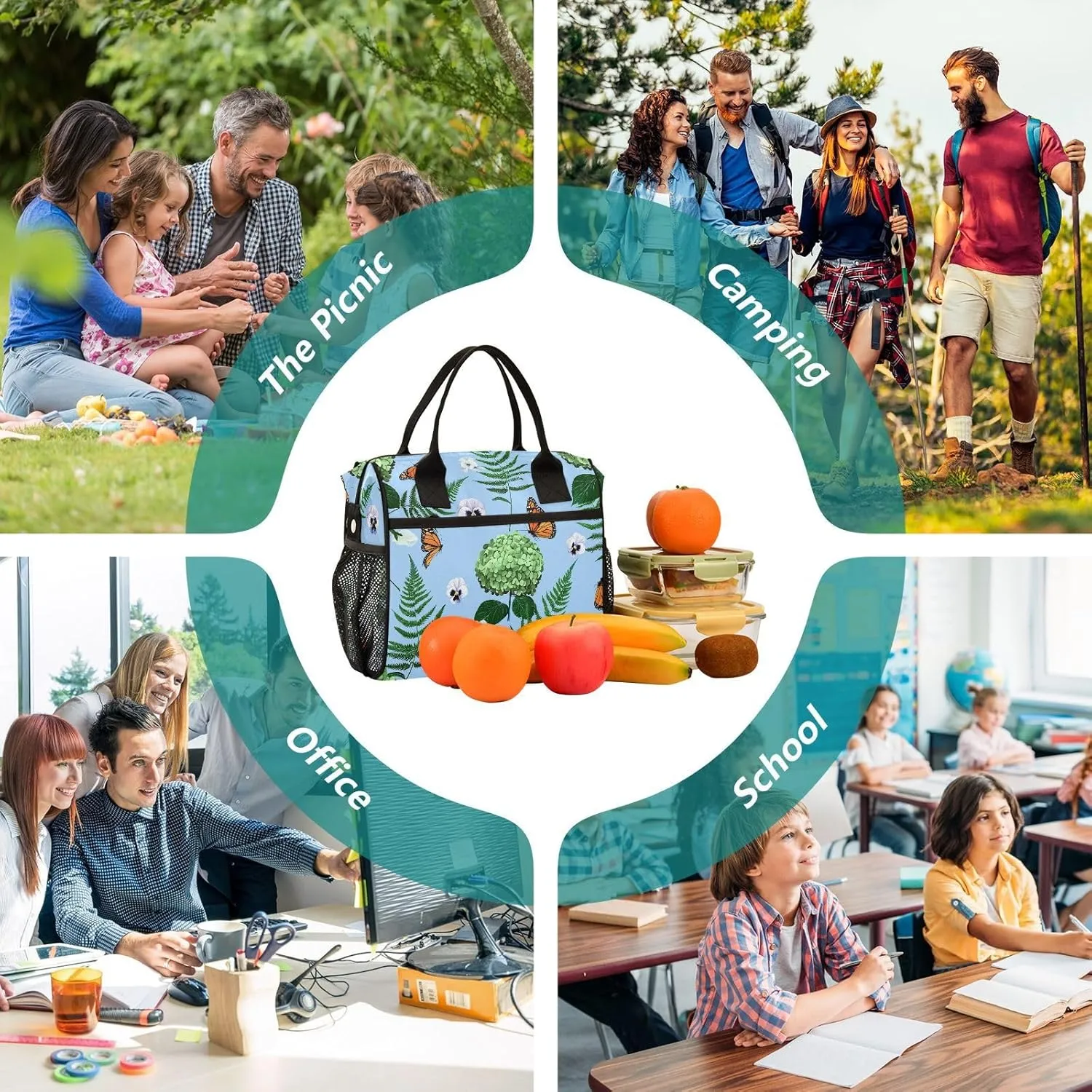 MCHIVER Monarch Butterfly Ferns Floral Insulated Lunch Bag for Women Men Reusable Lunch Box Cooler Bag Cooling Bags for Office Work School 10.6 * 5.5 * 11 In