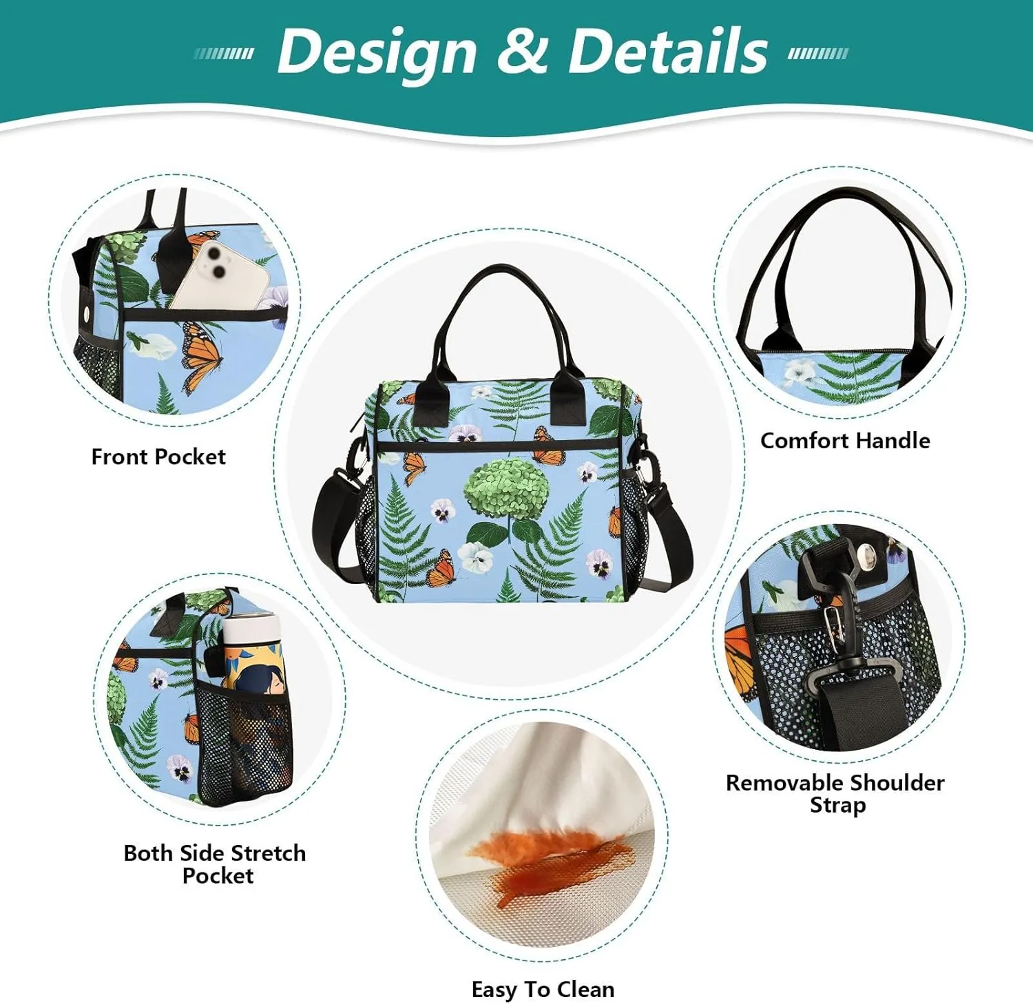 MCHIVER Monarch Butterfly Ferns Floral Insulated Lunch Bag for Women Men Reusable Lunch Box Cooler Bag Cooling Bags for Office Work School 10.6 * 5.5 * 11 In