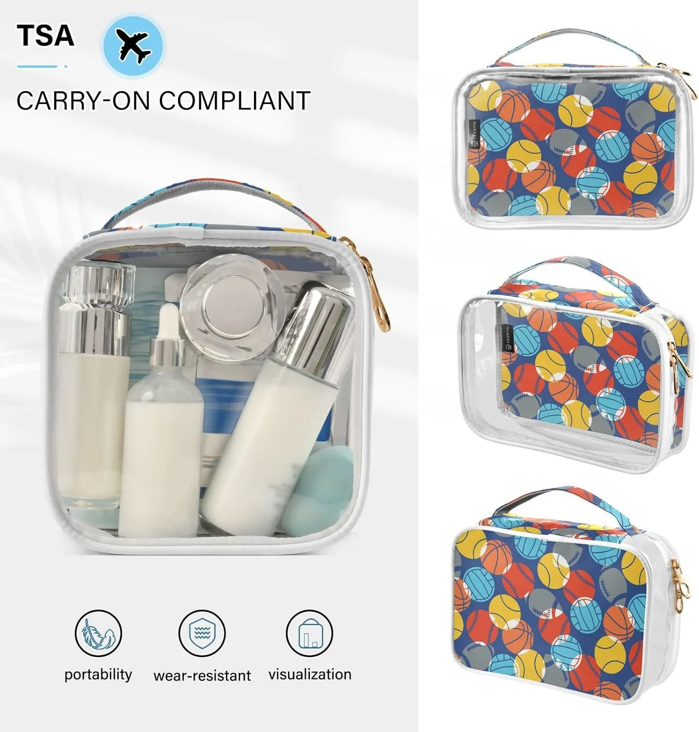 MCHIVER Sports Balls Transparent Storage Bag Clear Cosmetic Makeup Bag with Handles Toiletry Carry Pouch Organizer Toiletry Bag for Luggage Daily Use Cruise Essentials, Set of 2