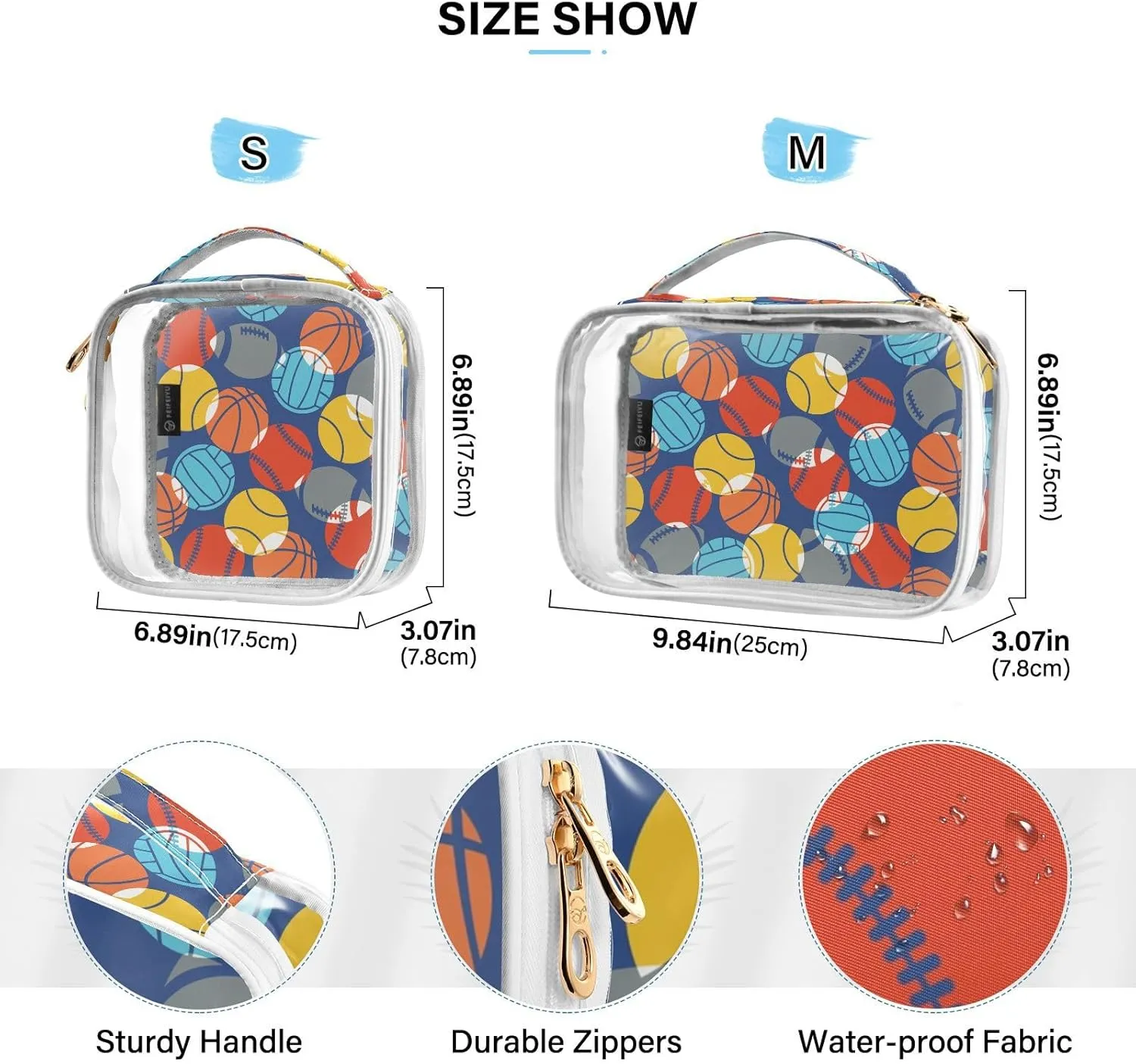 MCHIVER Sports Balls Transparent Storage Bag Clear Cosmetic Makeup Bag with Handles Toiletry Carry Pouch Organizer Toiletry Bag for Luggage Daily Use Cruise Essentials, Set of 2
