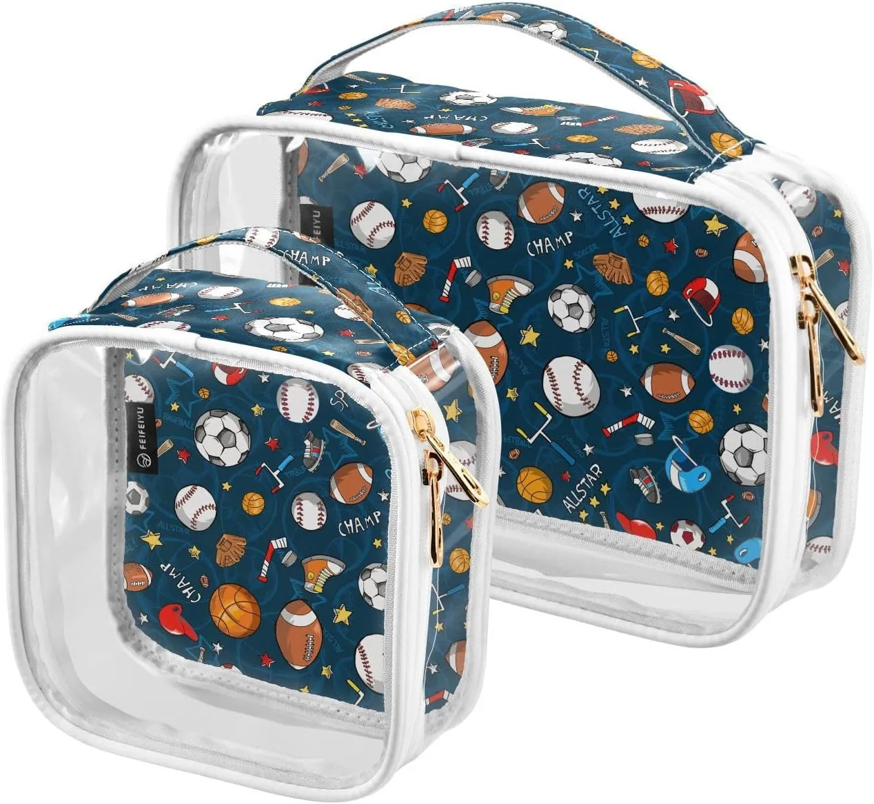 MCHIVER Sports Football Basketball Transparent Storage Bag Clear Cosmetic Makeup Bag with Handles Toiletry Carry Pouch Organizer Skincare Bag for Daily Use Ladies Brushes Set, Set of 2