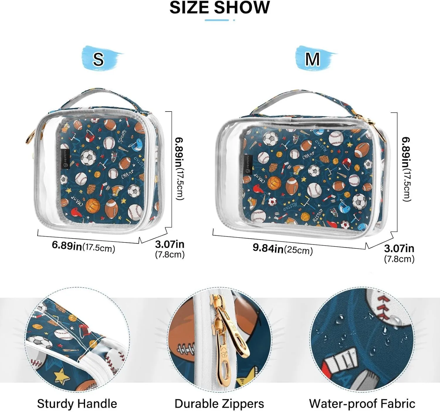 MCHIVER Sports Football Basketball Transparent Storage Bag Clear Cosmetic Makeup Bag with Handles Toiletry Carry Pouch Organizer Skincare Bag for Daily Use Ladies Brushes Set, Set of 2