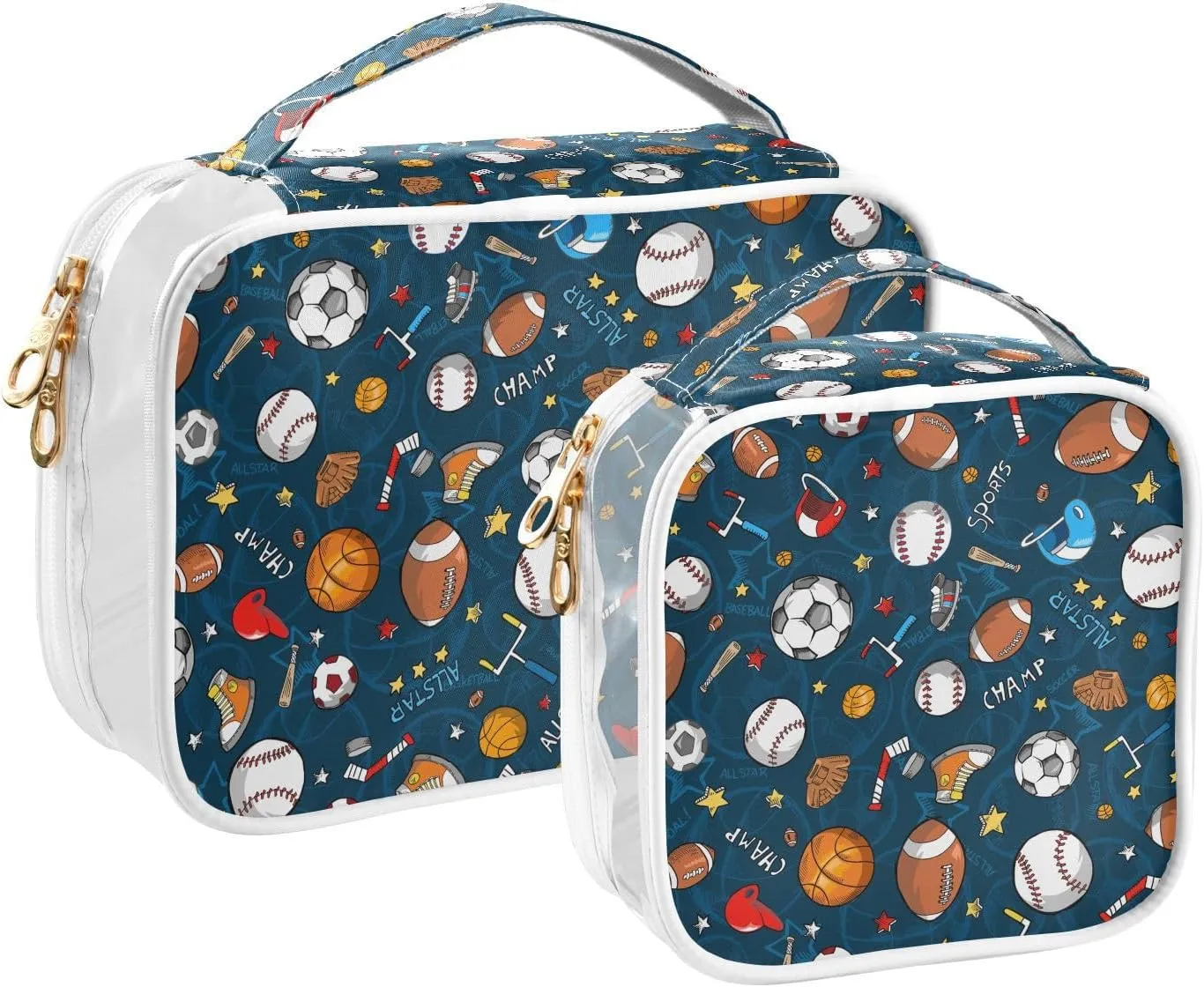 MCHIVER Sports Football Basketball Transparent Storage Bag Clear Cosmetic Makeup Bag with Handles Toiletry Carry Pouch Organizer Skincare Bag for Daily Use Ladies Brushes Set, Set of 2