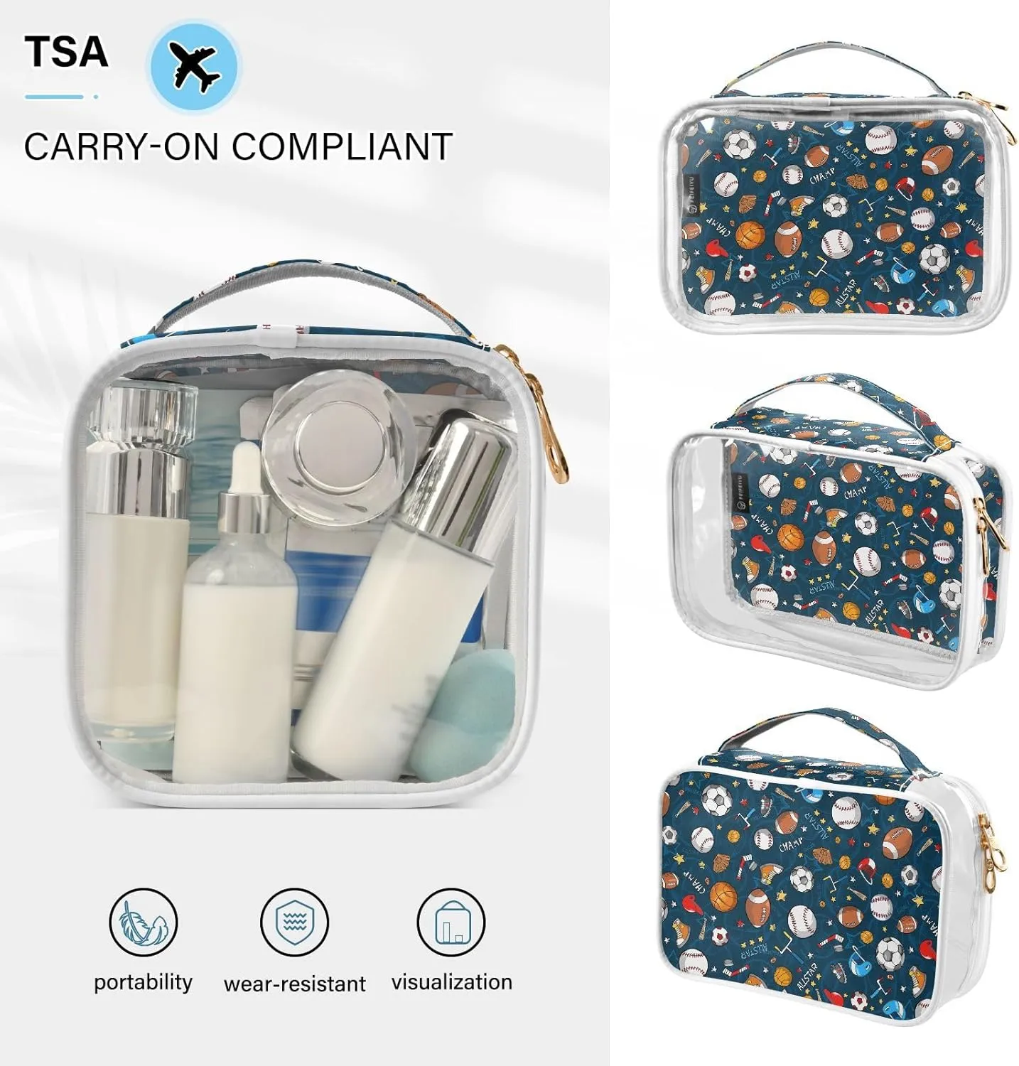 MCHIVER Sports Football Basketball Transparent Storage Bag Clear Cosmetic Makeup Bag with Handles Toiletry Carry Pouch Organizer Skincare Bag for Daily Use Ladies Brushes Set, Set of 2