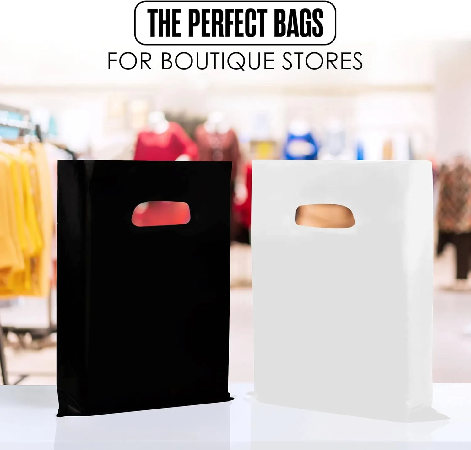 Merchandise Bags, Plastic Shopping Bags, Plastic Gift Bag With Handles, For Retail, Boutique, Small Business, Store, Customers, Product, Vendor, Events, Holiday, Black & White, 12” x 15”, Bulk 100 PK
