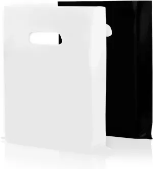 Merchandise Bags, Plastic Shopping Bags, Plastic Gift Bag With Handles, For Retail, Boutique, Small Business, Store, Customers, Product, Vendor, Events, Holiday, Black & White, 12” x 15”, Bulk 100 PK