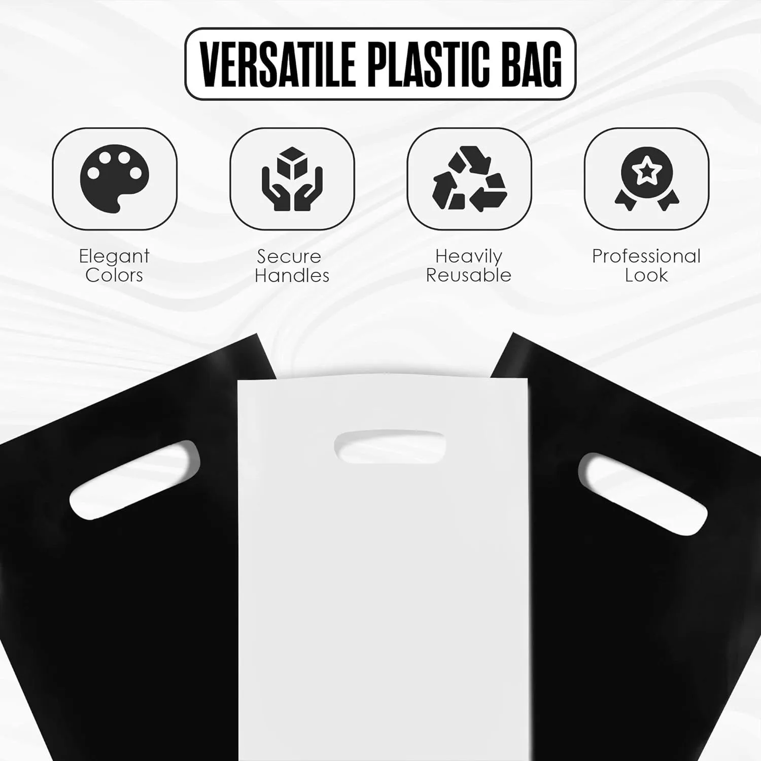 Merchandise Bags, Plastic Shopping Bags, Plastic Gift Bag With Handles, For Retail, Boutique, Small Business, Store, Customers, Product, Vendor, Events, Holiday, Black & White, 12” x 15”, Bulk 100 PK