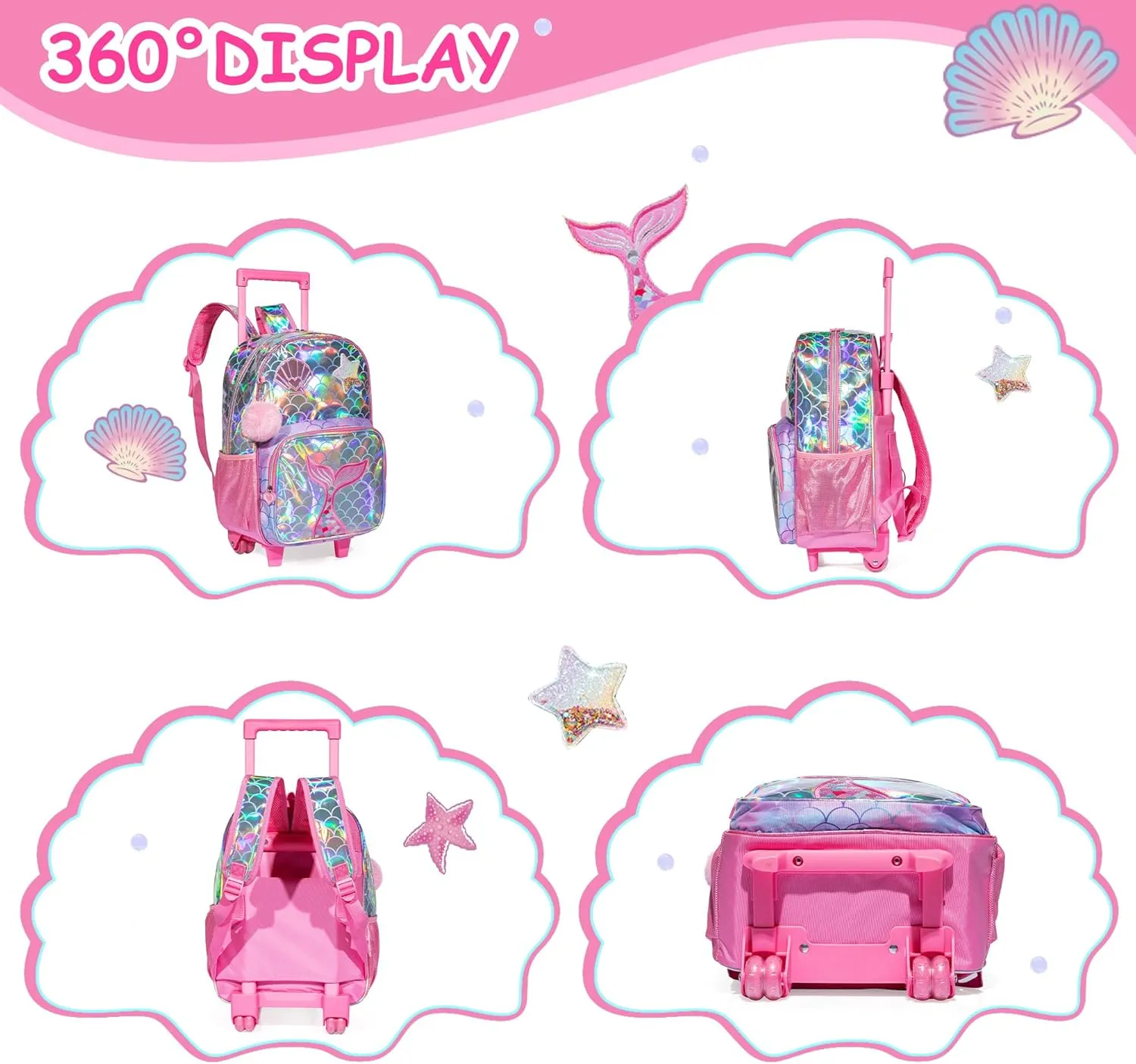 Mermaid Rolling Backpack for Girls Kids Backpack with Wheels for Elementary Kindergarten Girls Wheeled Backpack Carry on Luggage for School Travel