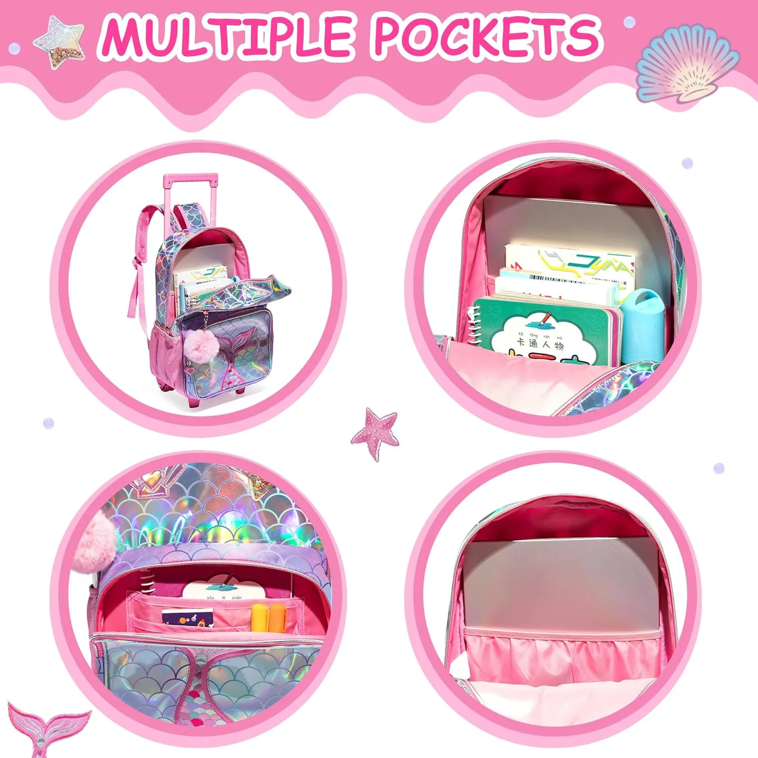 Mermaid Rolling Backpack for Girls Kids Backpack with Wheels for Elementary Kindergarten Girls Wheeled Backpack Carry on Luggage for School Travel