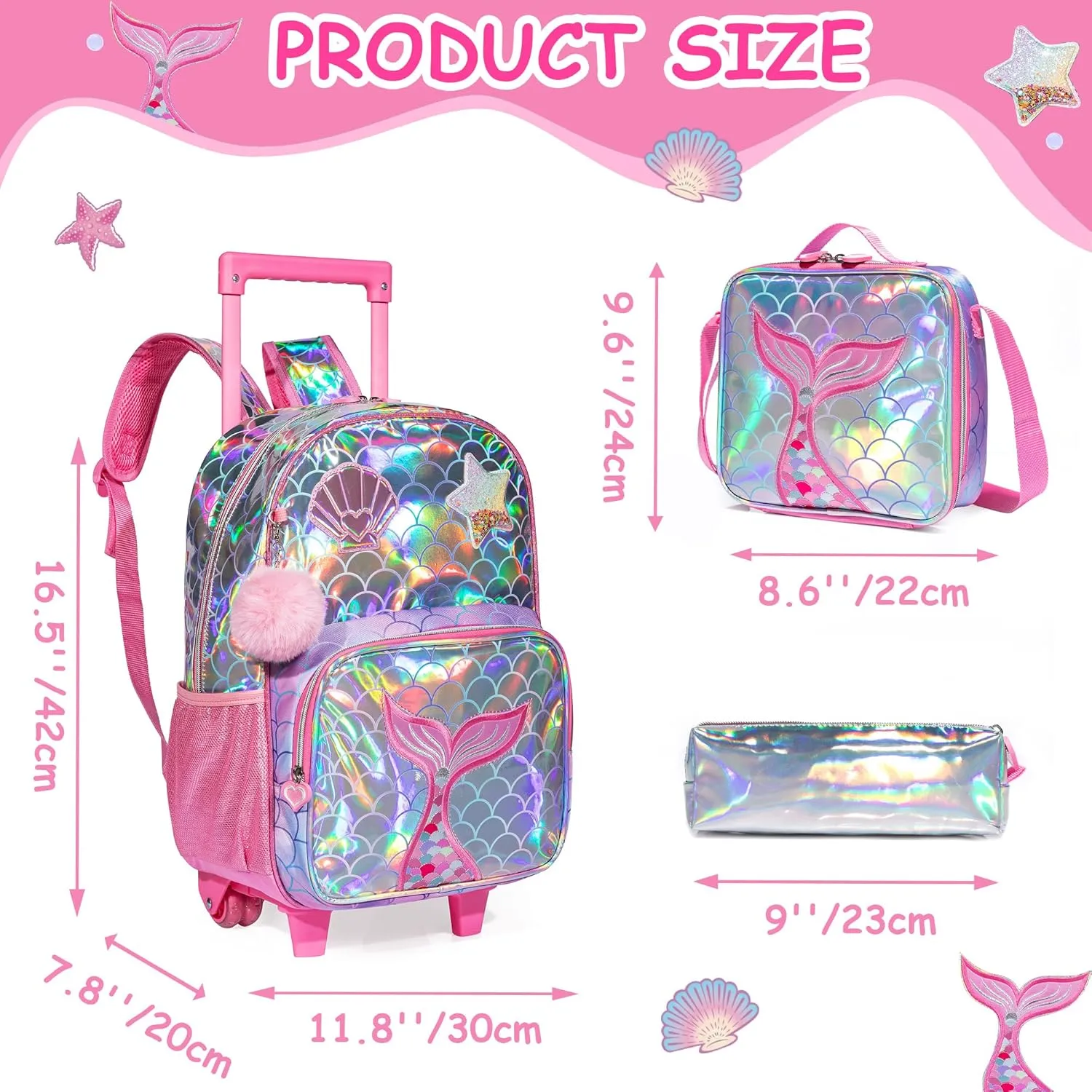 Mermaid Rolling Backpack for Girls Kids Backpack with Wheels for Elementary Kindergarten Girls Wheeled Backpack Carry on Luggage for School Travel