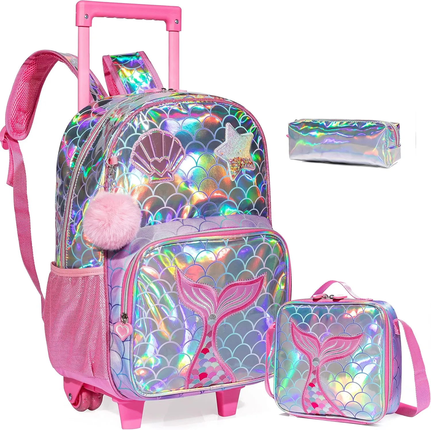 Mermaid Rolling Backpack for Girls Kids Backpack with Wheels for Elementary Kindergarten Girls Wheeled Backpack Carry on Luggage for School Travel