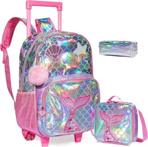Mermaid Rolling Backpack for Girls Kids Backpack with Wheels for Elementary Kindergarten Girls Wheeled Backpack Carry on Luggage for School Travel