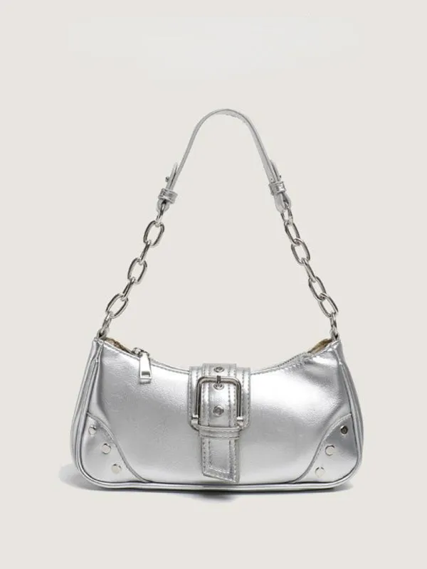 Metallic Faux Leather Shoulder Baguette Bag