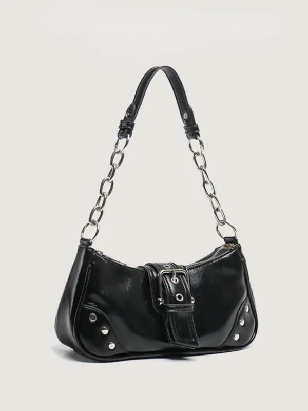 Metallic Faux Leather Shoulder Baguette Bag
