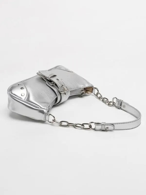 Metallic Faux Leather Shoulder Baguette Bag