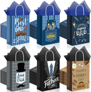 MIMIND 48 Pack Father's Day Gift Bags with Handle Happy Father’s Day Paper Bag Bulk Father's Day Gift Bags with Tissue Paper for Dad Grandpa Stepdad Father's Day Party Supplies