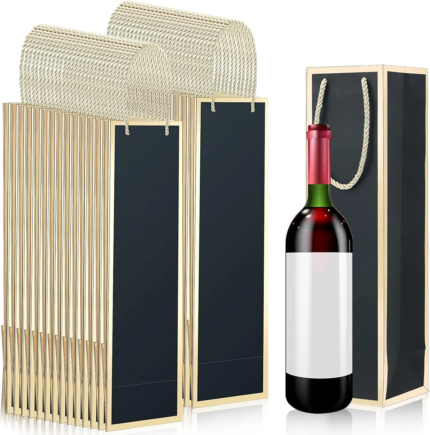 Mimorou 50 Pack Wine Bags Wine Bottles Gift Bags Bulk with Handles 13.8x3.8x3.8 Inch Reusable Gold Foil Print Kraft Paper Liquor Bottle Gift for Birthday Party Wedding Bridal Shower(Black)