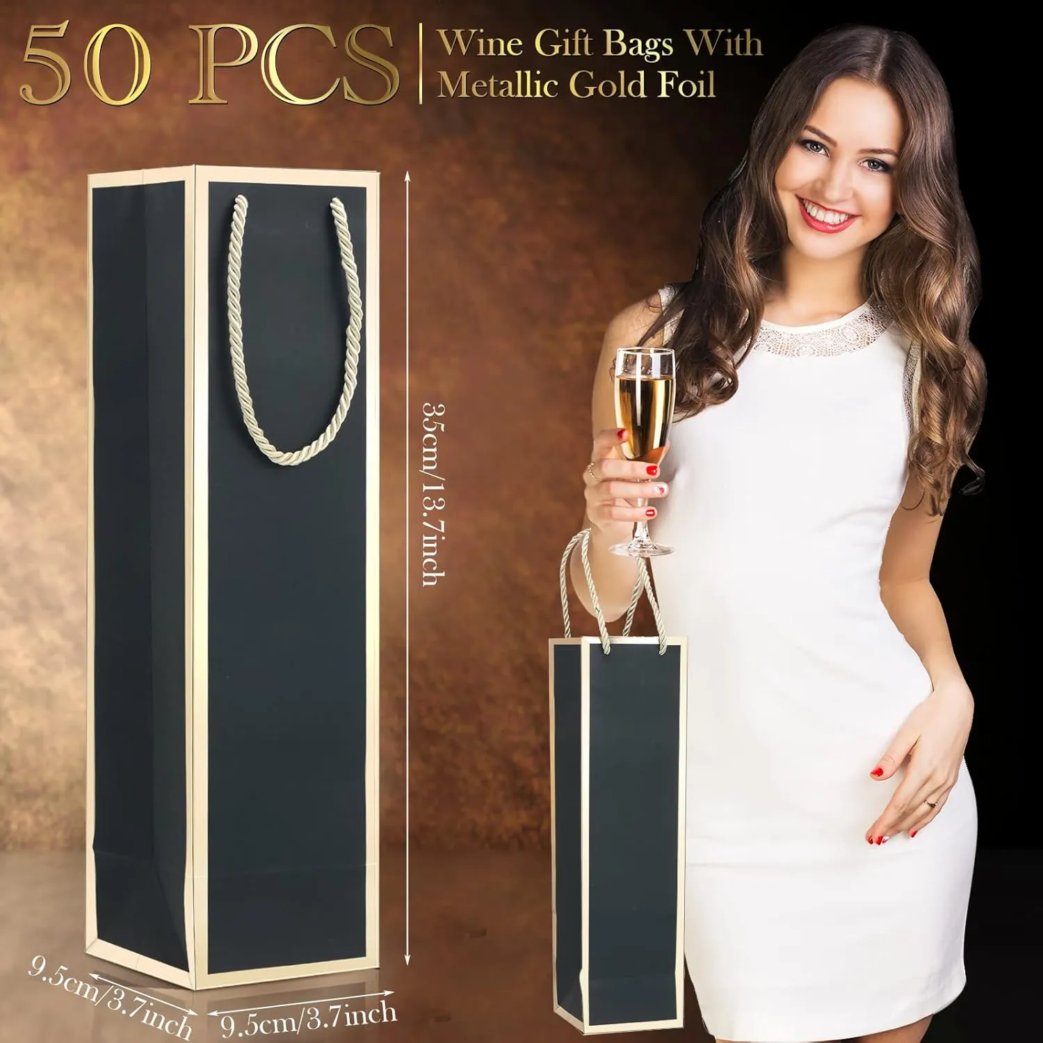 Mimorou 50 Pack Wine Bags Wine Bottles Gift Bags Bulk with Handles 13.8x3.8x3.8 Inch Reusable Gold Foil Print Kraft Paper Liquor Bottle Gift for Birthday Party Wedding Bridal Shower(Black)
