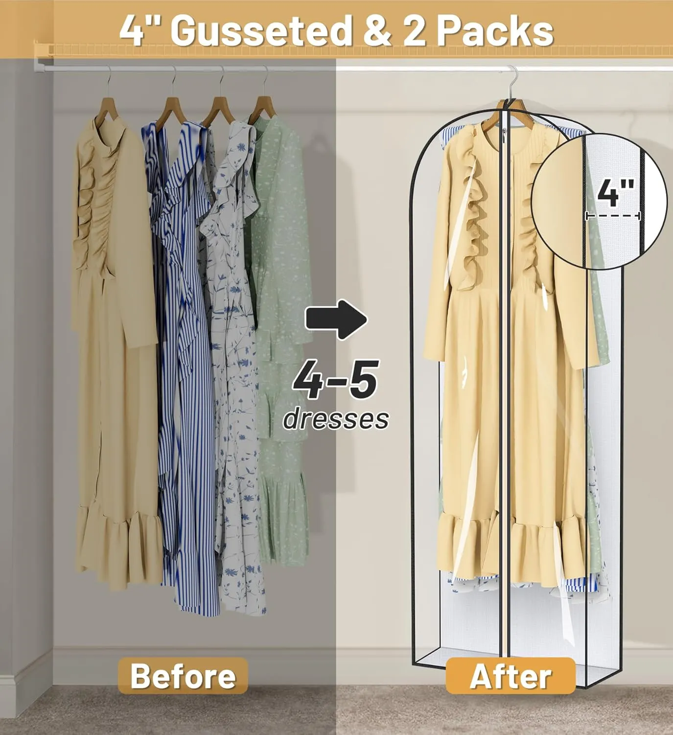 MISSLO 65" Clear Garment Bags for Hanging Clothes 4" Gusseted Dress Bags for Gowns Long Dress Cover for Closet Storage Dress Protector Bag, 3 Packs
