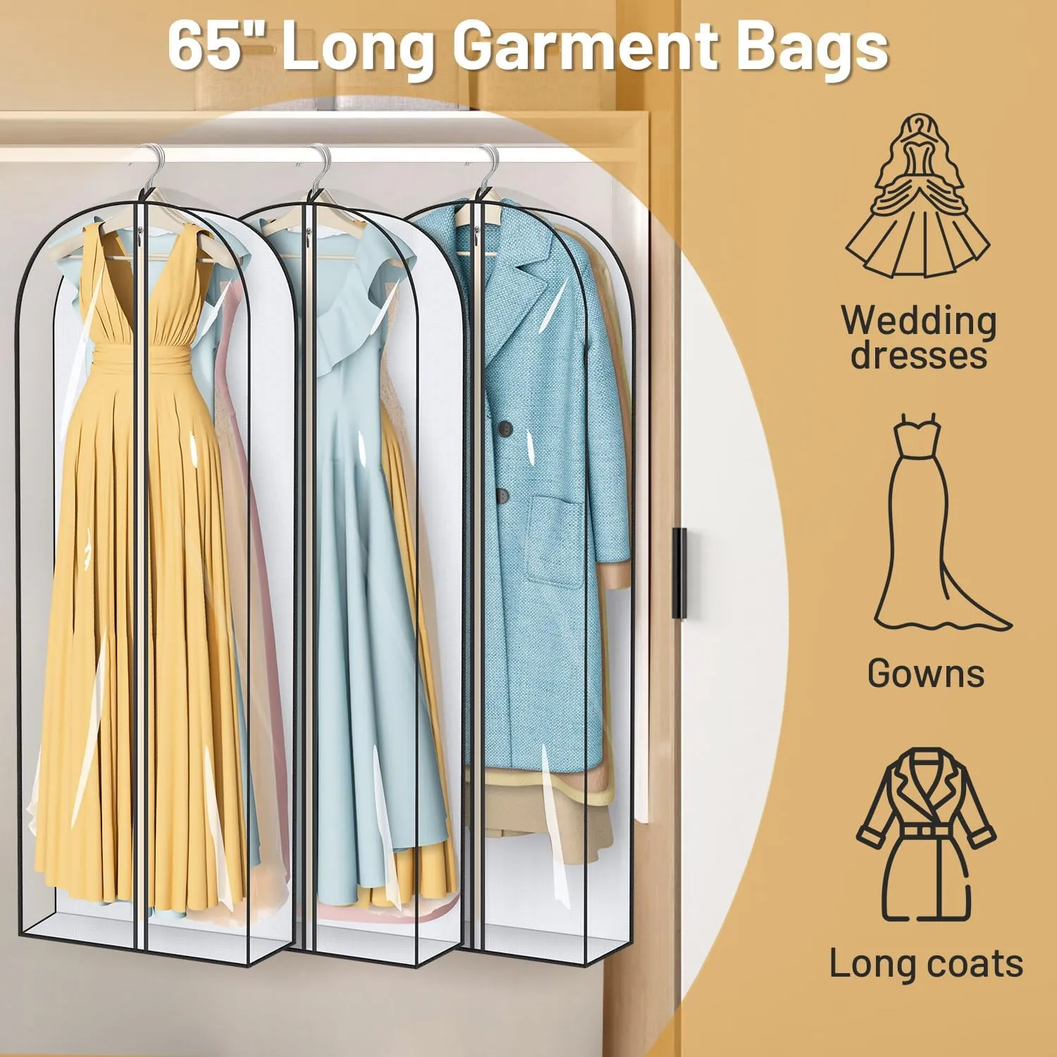 MISSLO 65" Clear Garment Bags for Hanging Clothes 4" Gusseted Dress Bags for Gowns Long Dress Cover for Closet Storage Dress Protector Bag, 3 Packs
