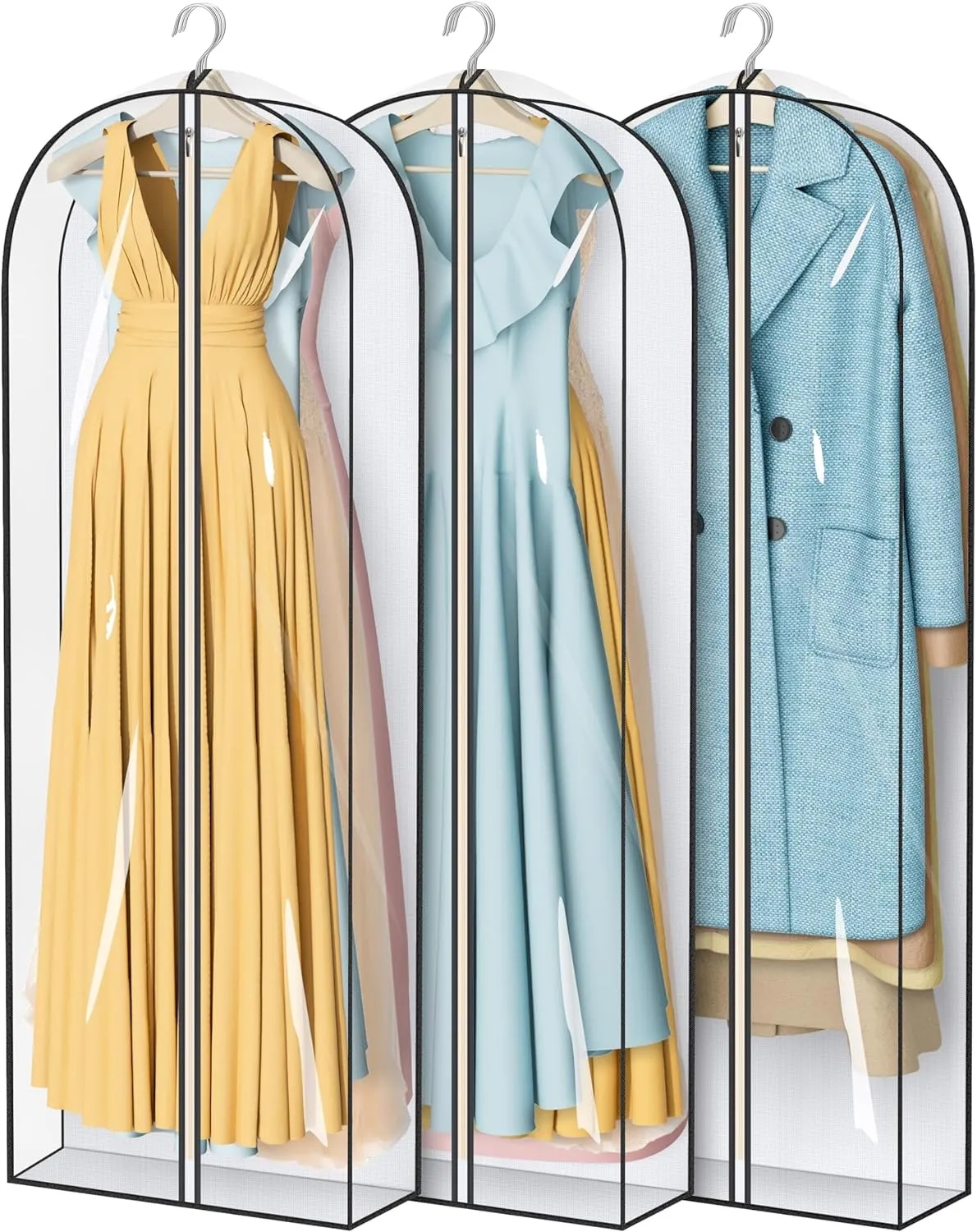 MISSLO 65" Clear Garment Bags for Hanging Clothes 4" Gusseted Dress Bags for Gowns Long Dress Cover for Closet Storage Dress Protector Bag, 3 Packs