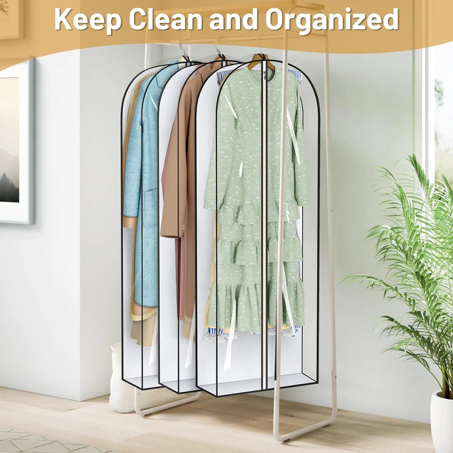 MISSLO 65" Clear Garment Bags for Hanging Clothes 4" Gusseted Dress Bags for Gowns Long Dress Cover for Closet Storage Dress Protector Bag, 3 Packs