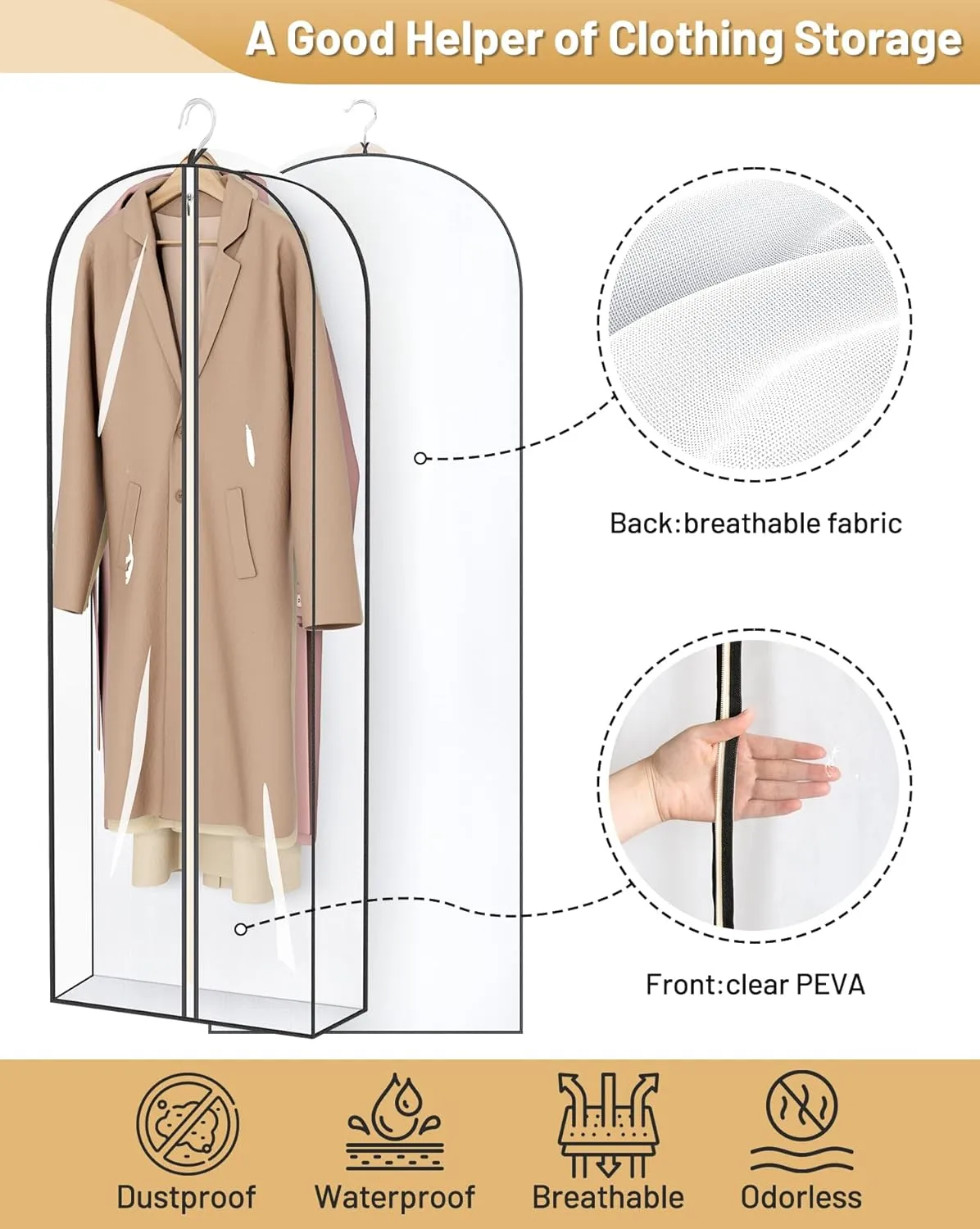 MISSLO 65" Clear Garment Bags for Hanging Clothes 4" Gusseted Dress Bags for Gowns Long Dress Cover for Closet Storage Dress Protector Bag, 3 Packs