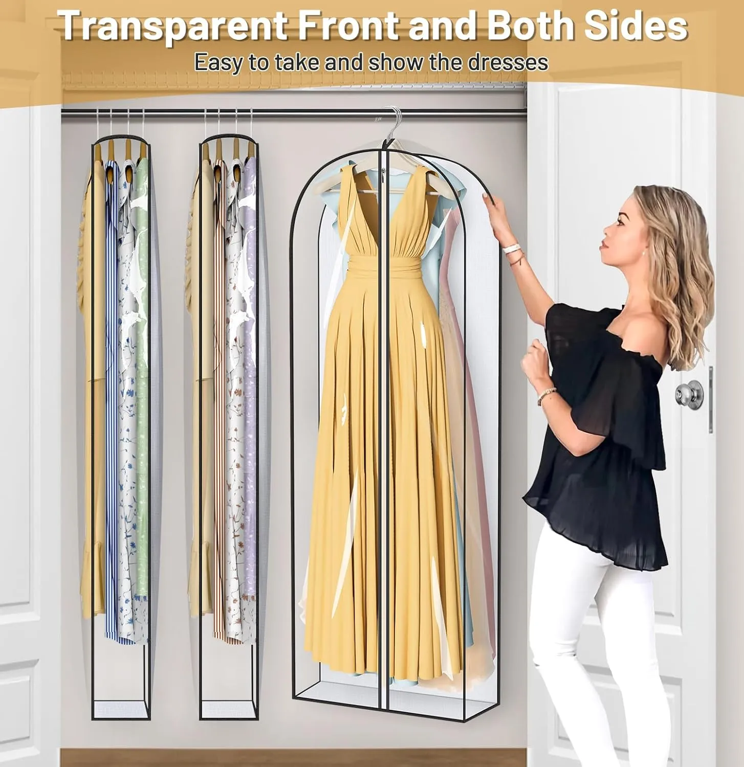 MISSLO 65" Clear Garment Bags for Hanging Clothes 4" Gusseted Dress Bags for Gowns Long Dress Cover for Closet Storage Dress Protector Bag, 3 Packs