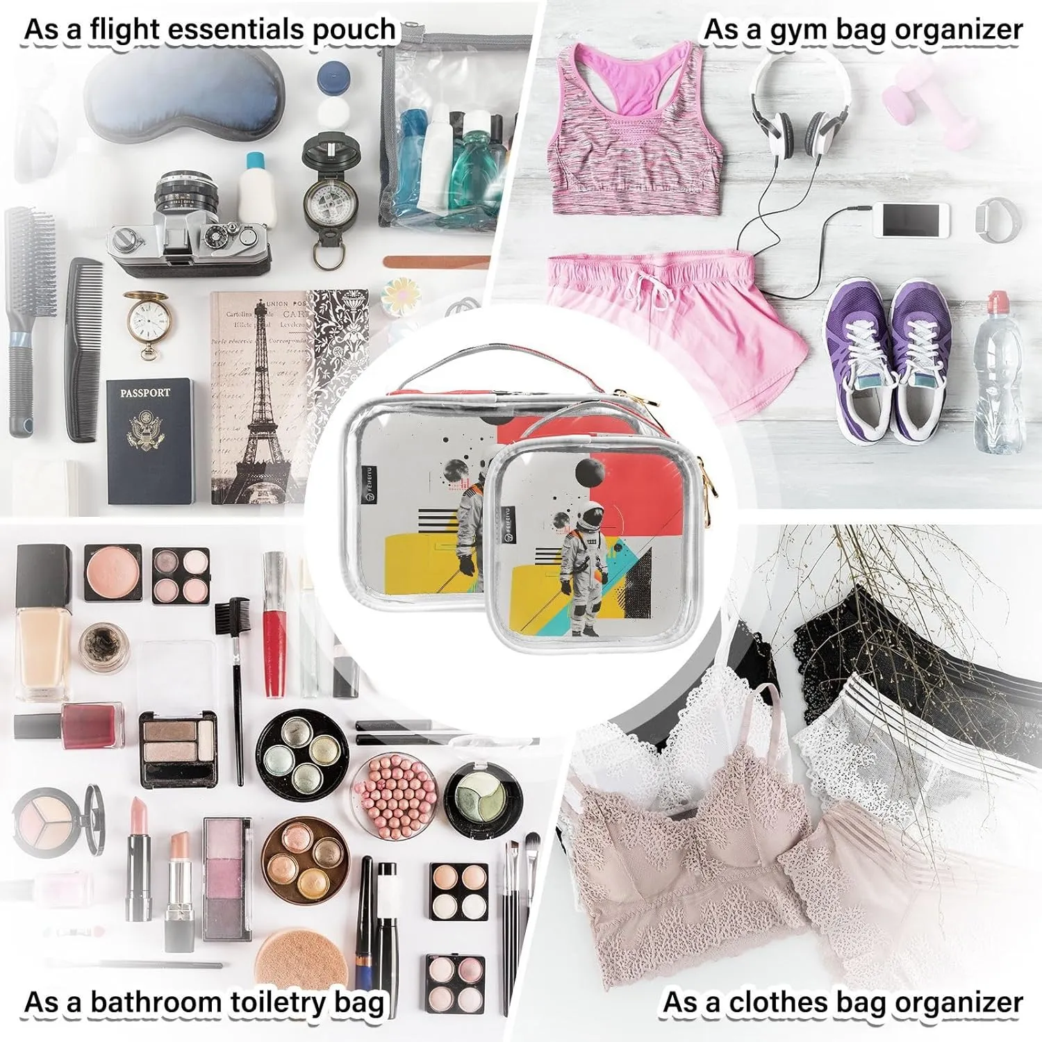 MNSRUU Clear Makeup Bags Astronaut Toiletry Bag for Women 2 PCS Waterproof Clear Bags Clear Travel Toiletry Bag Small Cosmetic Makeup Bag, Carry on Airport Airline Compliant Bag