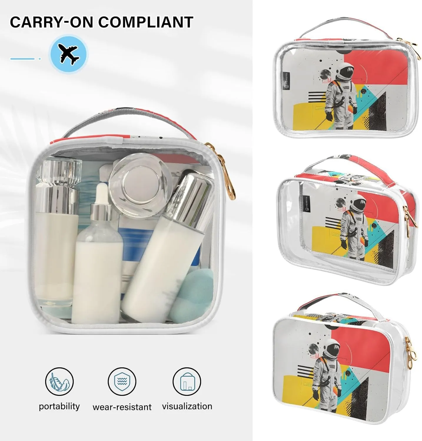 MNSRUU Clear Makeup Bags Astronaut Toiletry Bag for Women 2 PCS Waterproof Clear Bags Clear Travel Toiletry Bag Small Cosmetic Makeup Bag, Carry on Airport Airline Compliant Bag