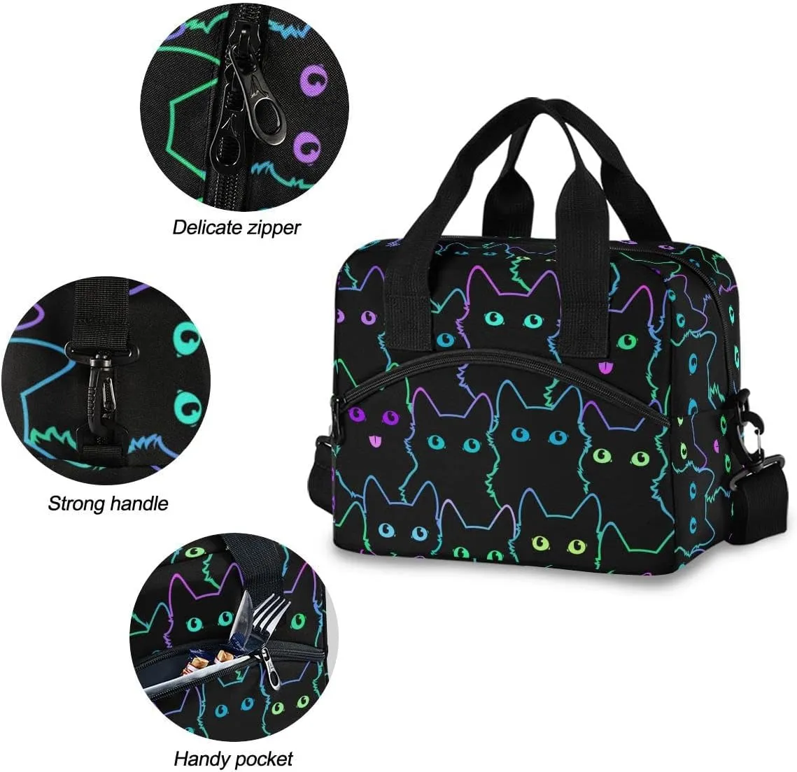 MNSRUU Insulated Lunch Bag Colorful Neon Cat Women Lunch Tote Men Lunch Cooler Bag Reusable Leakproof Lunch Bag For Work School