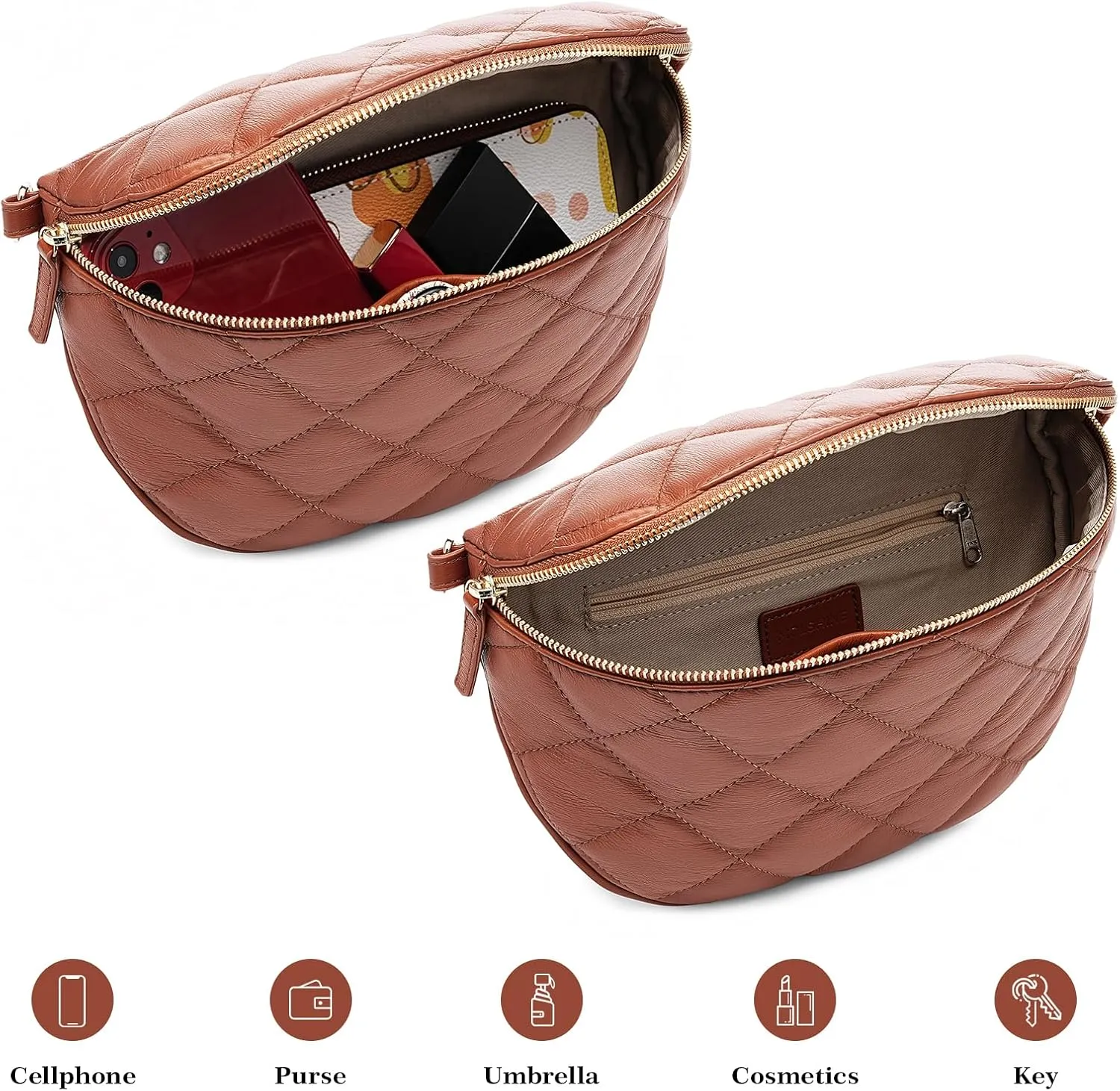 MOLSHINE Women's Quilted Crossbody Bum Bags, Trendy Puffer Belt Sling Bag Shoulder Bag Waist Pack Chest Bag Fanny Pack Purse (Brown)
