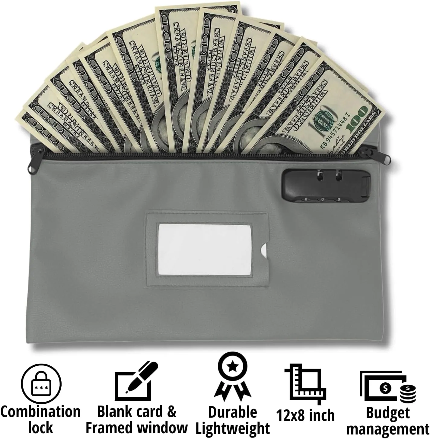 Money Bag for Cash with Lock | 12x8 inch | Durable Leatherette Money Cash Coin Check Bank Wallet Pouch with Zipper for Men & Women with Framed ID Window and Blank Card | by GIDABRAND (Grey)