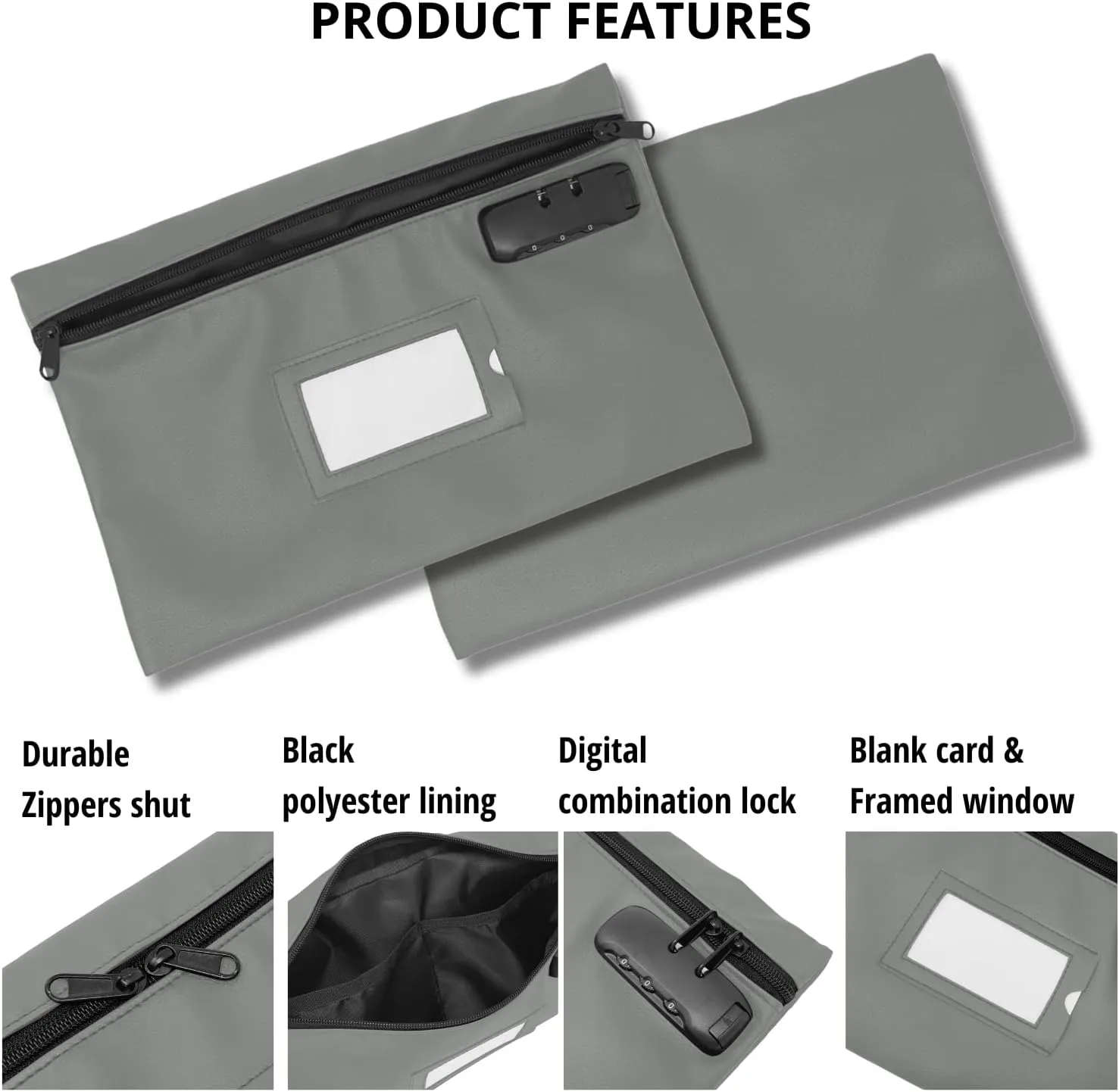Money Bag for Cash with Lock | 12x8 inch | Durable Leatherette Money Cash Coin Check Bank Wallet Pouch with Zipper for Men & Women with Framed ID Window and Blank Card | by GIDABRAND (Grey)